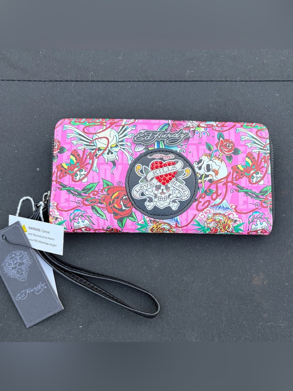 Ed Hardy Pink Tattoo-Print Zip-Around Wristlet Wallet